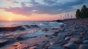 AI generated Beautiful sunset offshore windmill park in europe for sustainable renewable energy transition photo