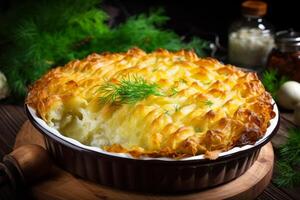 AI generated Delicious chicken pot pie with flaky crust - comforting dish for restaurant menu photo