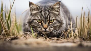 AI generated Manul cat hunting in wilderness, feline predator stalking prey in its natural habitat photo