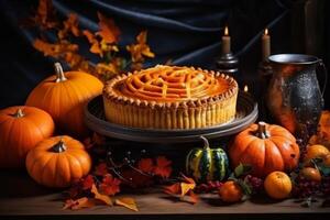 ai generado delicioso calabaza tarta para menú, Perfecto para acción de gracias y Víspera de Todos los Santos celebraciones con texto espacio foto