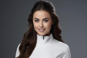 AI generated Attractive woman smiling and making eye contact with camera, with space for text photo