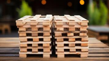 AI generated Wooden pallet stack in factory warehouse for cargo and shipping on blurred white background photo