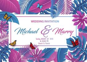 Wedding Invitation with Tropical Leaves Concept, Vector Illustration