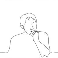 man put the pads of his fingers on his lips - one line drawing. face of a guy with a hand on his mouth. the concept of confusion,  indecision, perplexity, doubt vector