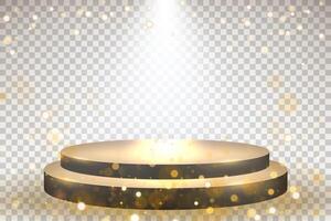 Gold Empty Podium with Flying Particles on Dark Pattern, Vector Illustration