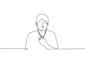 man pulled back collar of his t-shirt he is hot or stuffy - one line drawing vector. concept of heat, stuffiness, suffocation, profuse sweating vector