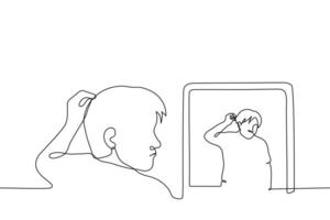 hombre soportes en frente de un espejo y toques su pelo - uno línea dibujo vector. concepto de desordenado arriba cabello, pelo pérdida o masculino modelo calvicie vector