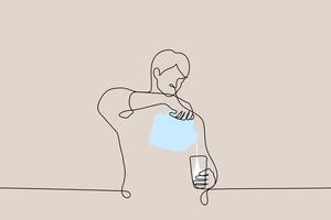 man pours milk into a glass from a large square bottle - one line drawing vector. breakfast concept, protein shake vector