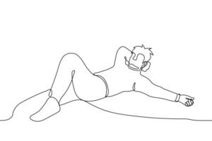 shaggy man lies relaxed with his leg bent and his hand under his head - one line drawing. the concept of idle mood, weekend, laziness, relaxation vector