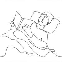 hombre mentiras en cama y lee un papel libro - uno línea dibujo. hora de acostarse leyendo concepto, leyendo tradicional difícil Copiar libros vector