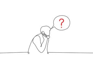 man with landline phone handset next to him speech bubble with red question mark - one line drawing vector. concept of asking question, making request, being curious vector