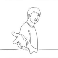 man stands smiling and stretches out his hand - one line drawing. benevolent man pulls his hand towards the viewer vector