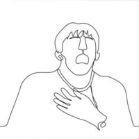 man with an open mouth is holding his chest  heart. one line drawing concept cry of pain and despair, emotion of horror, shocked vector