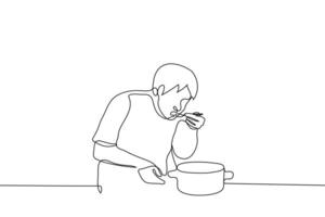 man eats with spoon straight from pan - one line drawing vector. concept of night eating, compulsive overeating, eating disorder, diet violation vector