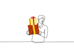 man smiling holding gift boxes tied with ribbon - one line drawing vector. gift wrapping concept, giving and receiving gifts vector