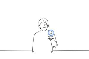 man poking finger into bubble - one line drawing vector. entertainment concept with soap bubbles, economic bubble, financial fraudulent schemes vector