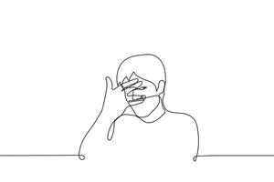 man covers face with palm but spreads fingers and peeps - one line drawing vector. concept of guilty pleasure, unwillingness to look, close one's own eyes vector