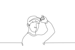 man in baseball cap raised his visor in greeting or surprise - one line drawing vector. concept of greeting, observation, desire to consider something in the distance vector