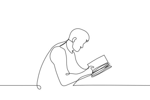 man reading a book sitting at the table - one line drawing vector. concept of reading paper  analogue book, visiting the library vector