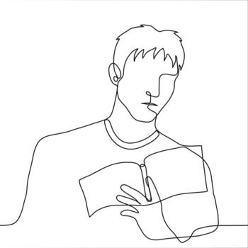 young man holds and reads a book. one line drawing book  notepad  diary reader vector