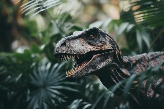 ai generado velociraptor en natural hábitat, dinosaurio fauna silvestre escena concepto con espacio para texto foto