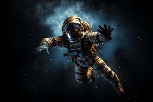 ai generado astronauta flotante en vastedad de espacio, celebrando internacional día de humano espacio vuelo foto