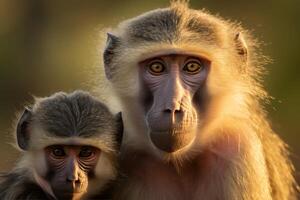 AI generated Captivating image of an african baboon family in the breathtaking backdrop of the safari wilderness photo