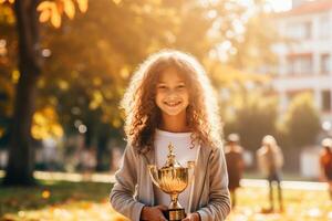 AI generated Achievement celebration. preteen girl holds a trophy proudly, with space for personalized text photo