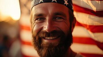 AI generated Happy man celebrating independence day with american flag on 4th of july patriotic parade photo