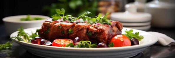 AI generated Delicious honey and spice baked pork ribs on blurred white background - copy space banner photo