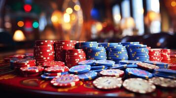 AI generated Casino chips with selective focus background and ample copy space for text and design photo