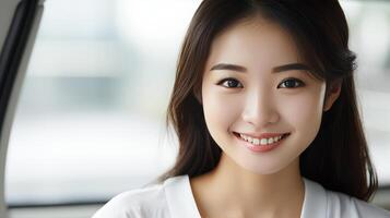 AI generated Beautiful young asian girl with a genuine smile looking directly at the camera in a portrait shot photo