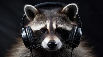 AI generated Raccoon dj in headphones on black background for music events and parties - banner photo