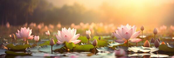 AI generated Lotus flowers banner on blurred background with copy space, nature concept for design photo
