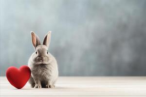 AI generated Cute Bunny with Heart. Adorable Image for Valentines Day, Love Themes, Greeting Cards photo