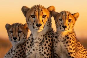 ai generado hermosa ver de leopardo orgullo familia con cachorros en el salvaje, en medio de el maravilloso fondo de el safari paisaje foto