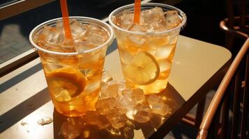 ai generado surrealista grande el plastico taza lleno con recién exprimido naranja jugo y refrescante visible hielo cubitos foto