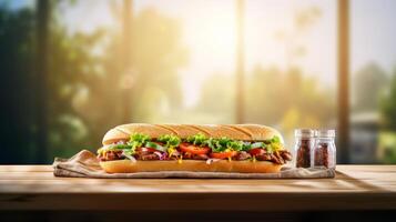 AI generated Delicious italian style submarine sandwich on blurred white kitchen background with copy space photo