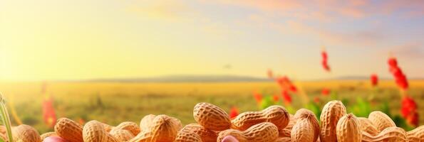 AI generated Organic peanuts pile on blurred background, copy space for text, healthy ingredients banner photo