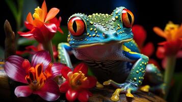 AI generated Colorful red-eyed treefrog in its native rainforest habitat with generous copy space photo
