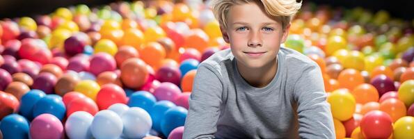 AI generated Banner Happy boy in fun childrens shopping center playing in a dry pool with colorful balls photo