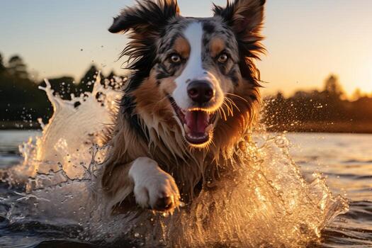 AI generated Exuberant border collie, overflowing with joy, having a playful swim in the refreshing water photo