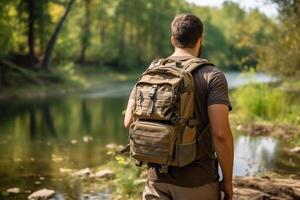AI generated Active man with backpack doing ruck sport outdoors, copy space for text or advertisement photo