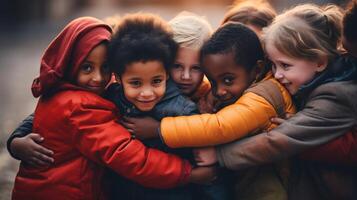 ai generado unidad de niños desde diferente etnias abrazando, borroso antecedentes con Copiar espacio foto