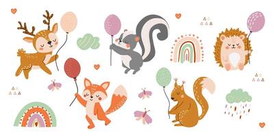 Set of cute forest animals with balloons. Vector illustration in hand drawn style. Deer, squirrel, skunk, hedgehog, fox, rainbow, clouds in flat style. Children's creative illustration.