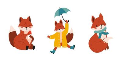 Fox character in various poses. Vector children's set. Cute fox. Cartoon style. White isolated background.