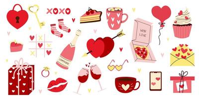 Vector set of romantic elements for Valentines day. Different romantic objects. Heart, champagne, glasses, pizza, cups, ring, envelope. Hand drawn style. White isolated background.