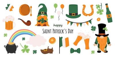 St. Patrick's day vector set. Saint Patrick's Day collection. Collection with leprechauns, Irish flag and beer, clover, pot of gold and rainbow. Hand drawn illustration on white isolated background.