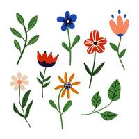 Set of vector flowers. Cute set of spring flowers in hand drawn style. Blossoms in doodle style. White isolated background.