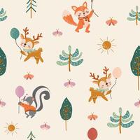 Cute forest animals seamless pattern. Baby pattern for fabric. Deer, squirrel, fox, skunk, trees. Creative print for fabric, children's room. Nursery pattern in flat cartoon style. vector